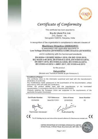 CE Compliance Certificate FFB Series Dehumidifiers
